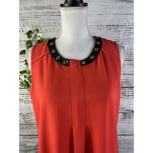 Alfani Sleeveless Blouse Tank size 6 Coral Crepe Faux Black Leather Gold Career - Picture 3 of 10